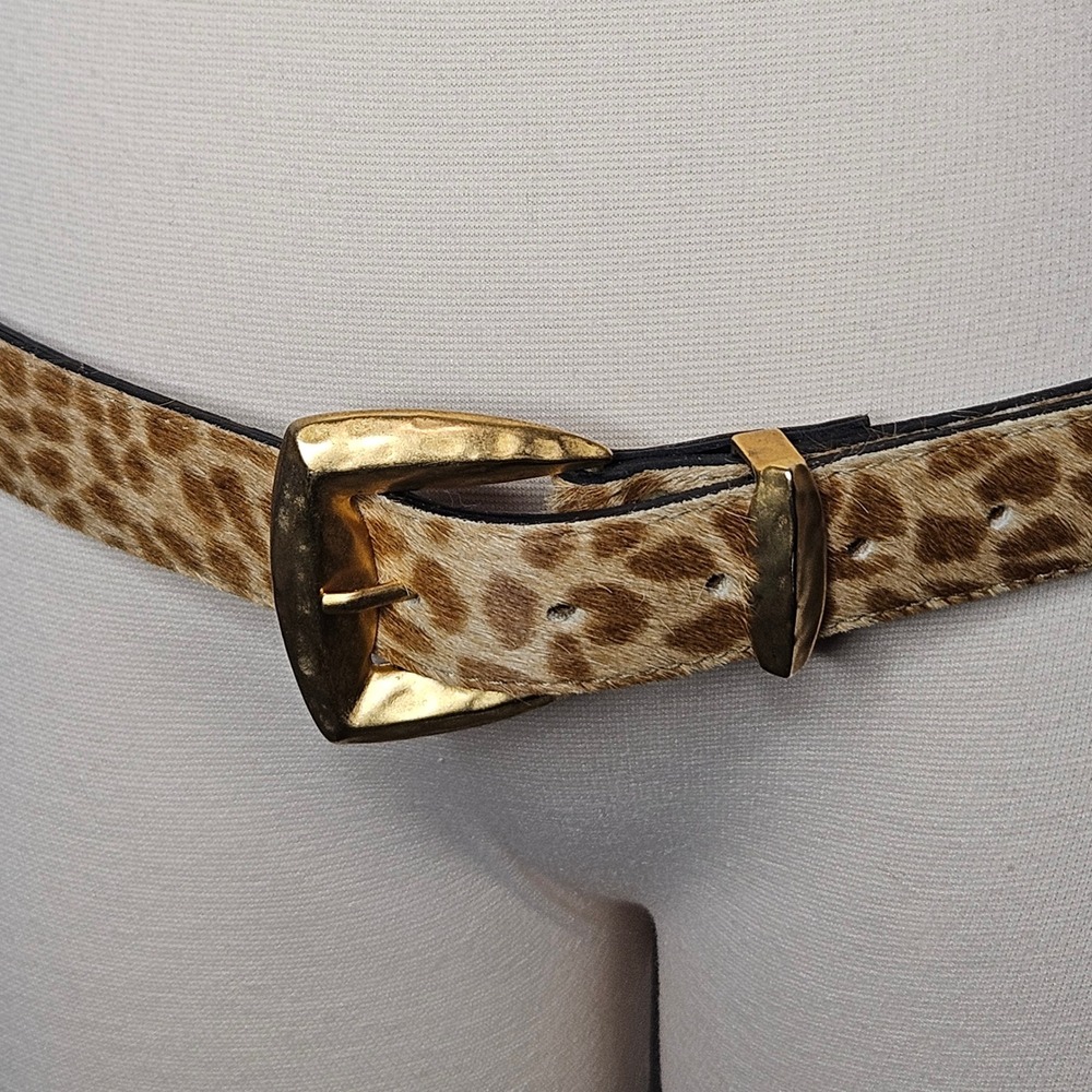 Elite Fresno California Leopard Print Calf Hair Belt Gold Hammered Buckle 1 XL - Picture 2 of 5